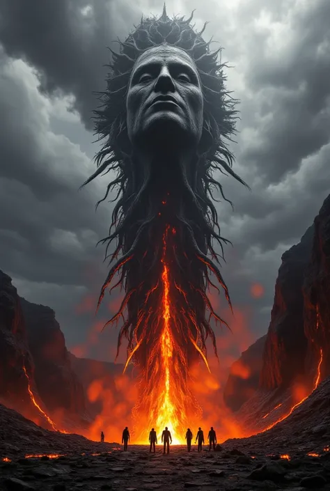 View from above: A Arctic Cyber Elves congregation a lava and cloud billowing a 3D render of an abstract sculpture of a God’s head (view to camera) made from interconnected black smoke pieces perched on the fiery lava flow, dramatic erupting volcano, fiery...