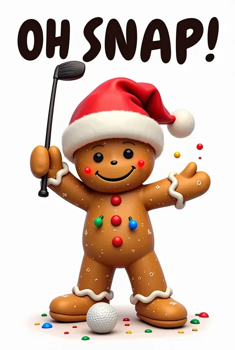 Design a gingerbread man as a golfer.
Costume:
Wearing a red Santa hat with white trim and small snow patterns on the body.
The whole body is covered with multi-colored Christmas lights: red, green, blue, yellow. The two legs are in a standing position, re...