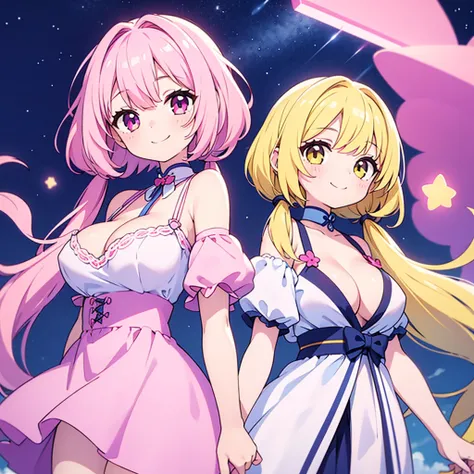 2Girls only , 
 Smile face,

Starry sky background,
Summer clothing,
One girl is Light Pink eyes light pink hair Short Bob Low Twintails,other girl is Light yellow eyes light yellow hair Short Bob Low Twintails,

masterpiece, High resolution,large breasts,