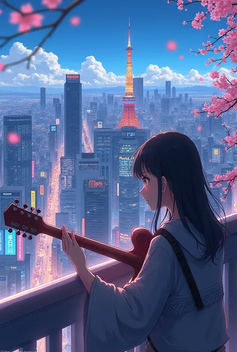 Japanese scenery in Tokyo building Anime girl playing guitar anime version 