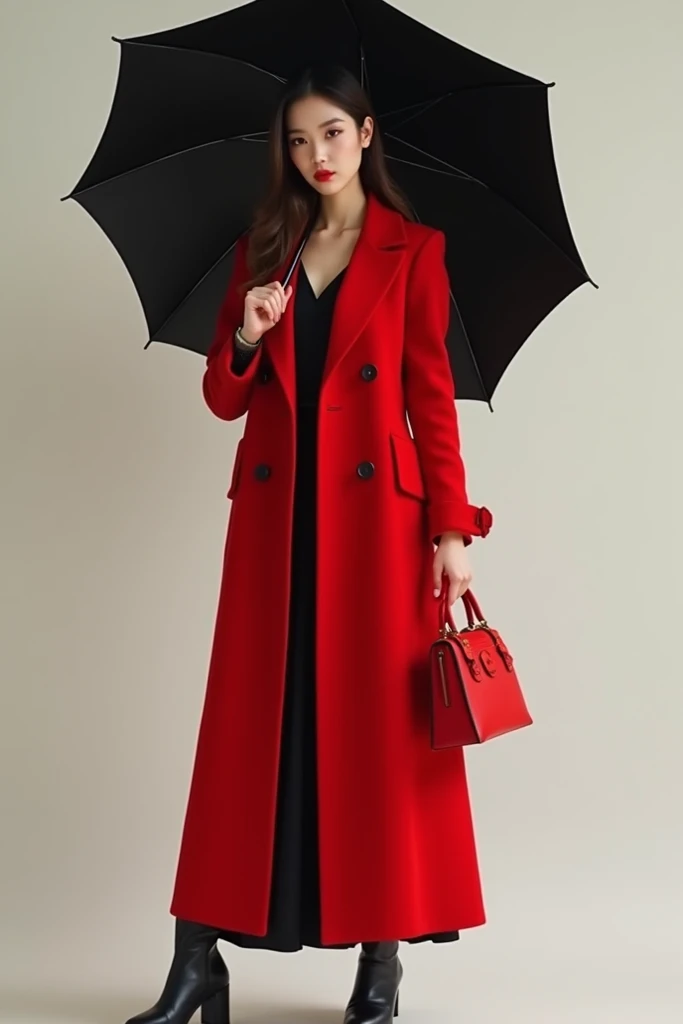 White young woman cat. Under head black Umbrella. Black long boots. Dress expensive long red coat. On the hand red bag 