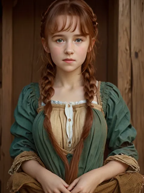 (best quality,4k,8k,highres,masterpiece:1.2),ultra-detailed,(realistic,photorealistic,photo-realistic:1.37), ((a peasant girl wearing dirty clothes, solo, shy)), ((very large bust size for her young age)), braided red hair, pale skin