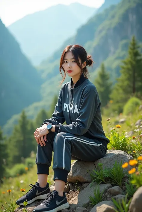 Mountain nature pose , A beautiful Korean woman wearing a tracksuit, wearing sneakers and watches , on shirt written PUJA ,  real image quality  