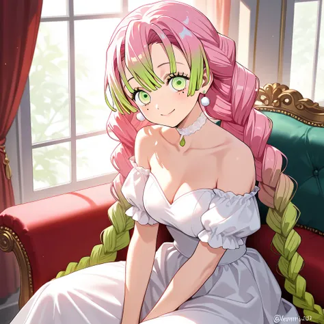 1girl, solo, long hair, breasts, looking at viewer, smile, bangs, dress, cleavage, bare shoulders, jewelry, medium breasts, sitting, very long hair, closed mouth, green eyes, collarbone, pink hair, braid, short sleeves, multicolored hair, earrings, green h...