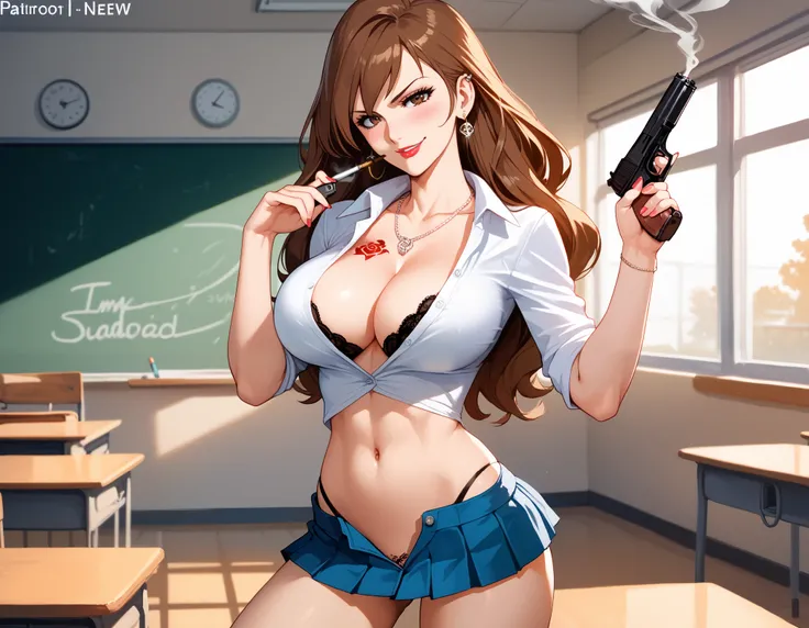 Fujiko, brown hair, brown eyes, long hair, large breasts, 1girl, smirk, ear piercing, long hair, blush, lipstick,Hot girl, baddie, smoking, sensual, attractive, large breasts, masterpiece, best quality, ((unbuttoned school uniform, cleavage, necklace, earr...