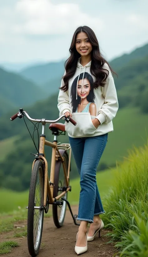  a beautiful indonesian woman, fair skin,  nose long wavy hair,  wear a hoodie with a picture of a beautiful woman , wear jeans 7 /8, wear high hills office shoes, happy face,  standing next to an ancient onthel bike, on a rural green hill , minimal defect...