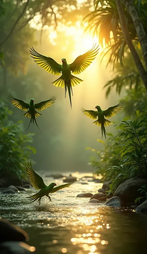 River movement: The river water could flow smoothly, with small ripples that reflect sunlight. Dew drops on leaves can shine and slowly evaporate as the sun hits them..

Birds in flight: green parrots may fly in circles or towards the camera, adding dynami...