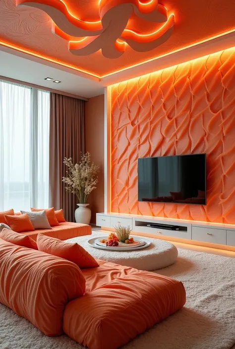  A hyper-realistic view of the interior of a sophisticated, high-end home ,  completely covered with salmon sushi and rice .  The walls are covered by an impeccable mosaic of fresh salmon slices intertwined with layers of pressed rice ,  creating a luxurio...