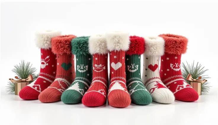 (masterpiece, top quality, best quality, official art,beautiful and aesthetic:1.2),(4K,8k, best quality,masterpiece:1.2),(((white background))), Alone, Christmas socks ，socks of various colors ，A lot of socks，Knitted texture， Christmas theme elements，High-...