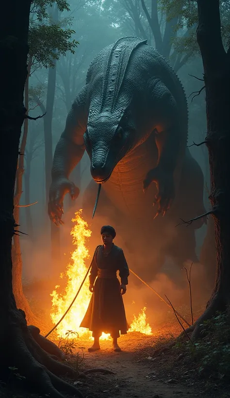 a big lizard was attached to the trees, it stuck out its tongue to blow out the fire and in the forest there was a man wearing black eastern clothes and a black turban, this man had his body and hands tied with rope, and was on fire. night forest location.