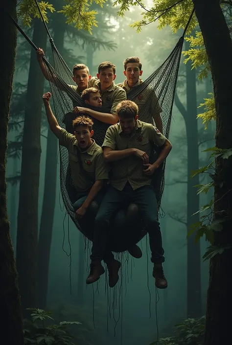 A group of adult scouts trapped in a large net, suspended high in the air among the trees. They are tangled and piled on top of one another, their faces showing frustration and fear. The forest below is dark, with shadows and rustling leaves suggesting mov...