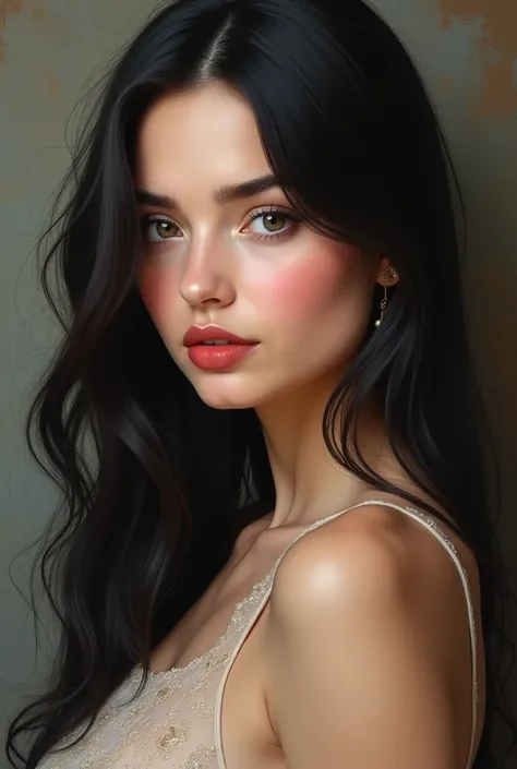  REALISTIC OIL PAINTING Beautiful young woman with EUROPEAN features and long and silky jet-black hair and deep and intense gray eyes, light porcelain skin and reddish lips  ,  flushed cheeks ,  has a dress that HIGHLIGHTS ALL her attributes 