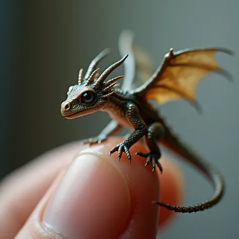 Macro, Photorealistic, a micro intricate dragon perched on a human finger.