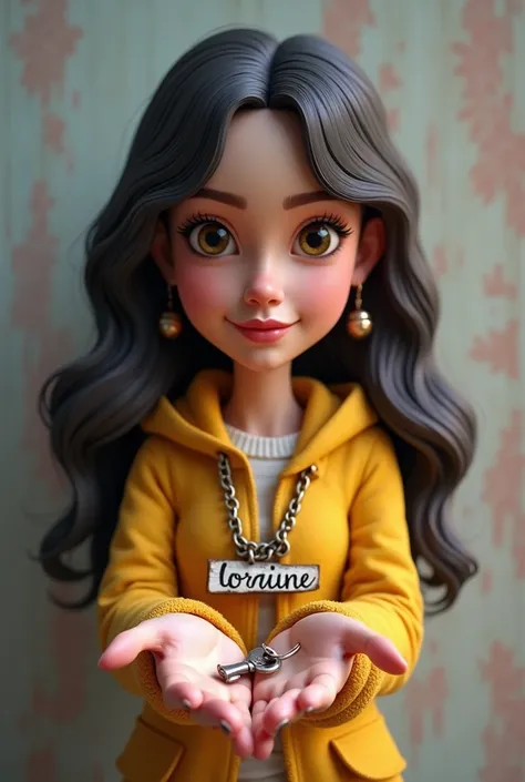  "3D caricature of a girl,key chain in the palm of the hand.high quality  realistic photo, and there is name"Loraine" in 3D letter  style, embossed and realistic, in black yellow ,   inknium purple and white, Looking at viewer, 