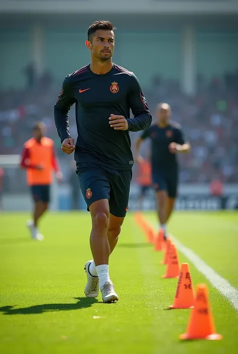 Here’s an AI prompt for Cristiano Ronaldo training:


---

Prompt:
"A realistic depiction of Cristiano Ronaldo intensely training on a football field. He is wearing a sleek athletic training kit, working on agility drills with cones and hurdles on a lush g...