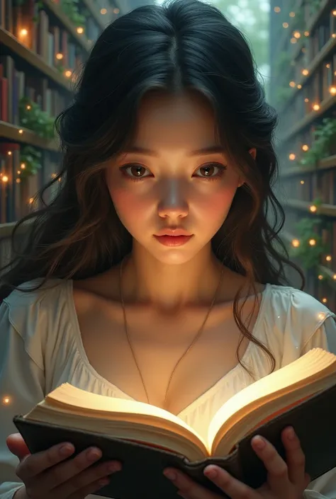 a beautiful girl ,she  should evoke a sense of wonder and immersion.shes lost in thought, a fantastical landscape surrounded by bookshelves,and  close-up of hands turning a page. 