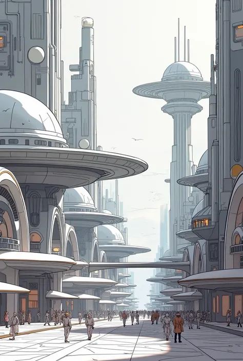 An alien city full of domes, semi circular domes, line art