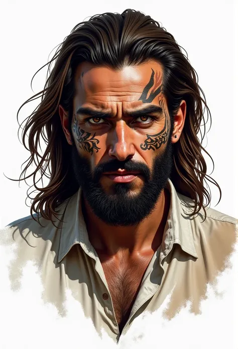 Portrait of a 30-year-old Arabian man ,  covers, thin and thick lines, with a beard and long brown hair and a tattooed face with a plain white background