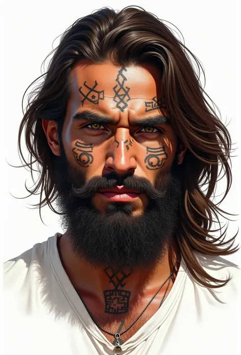 Portrait of a 30-year-old Arabian man ,  covers, thin and thick lines, with a beard and long brown hair and a tattooed face with a plain white background