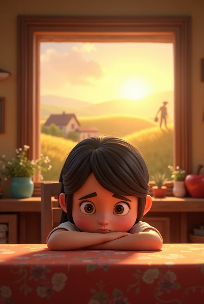 Generate in cinematic 3d cartoon style 
scene of the daughter feeling discouraged, sitting with her head on the table, imagining her father working hard in the fields.