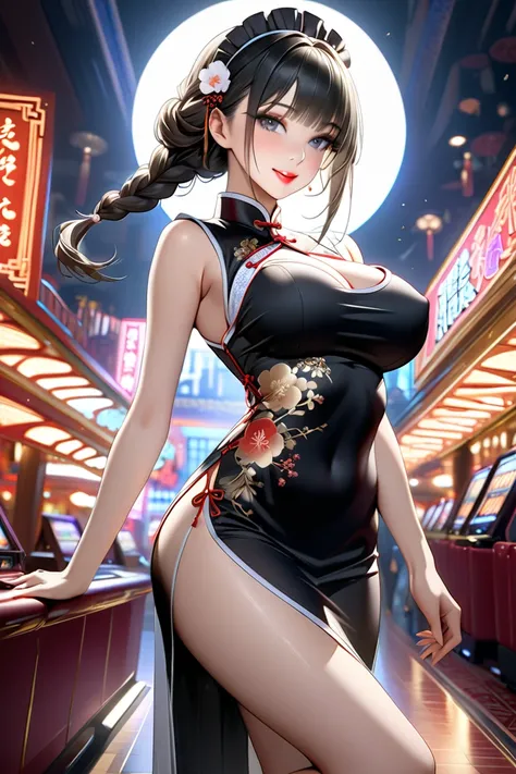 realistic portrait of a woman wearing a maid-style cheongsam,She seduces with her smile,Beautiful long black hair、Single braided on the side 、a Chinese-style ornament on the braided knot, a black maid-style hair ornament on her head , her bangs are parted ...