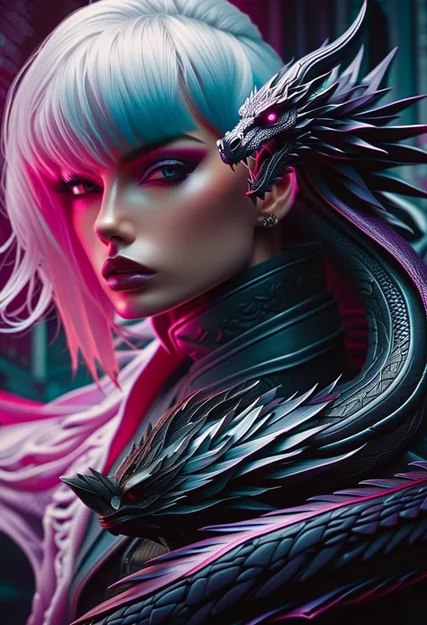 Cyberpunk l close up pink haired female with a black dragon next to her, portrait, clear sharp focus, featuring a dark and eerie atmosphere hyper realistic, 8K professional photography art, photorealistic masterpiece: by aaron horkey and jeremy mann: intri...