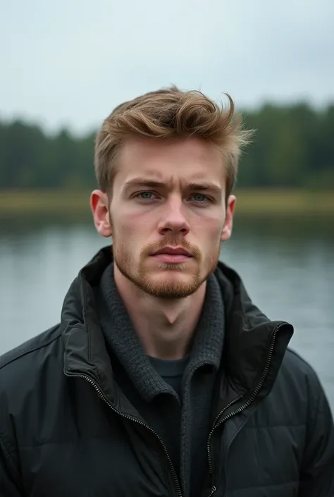 Realistic photo,  young guy 23 years old against the background of Russian nature with a short hair, light brown hair , small beard color light brown , background is blurred