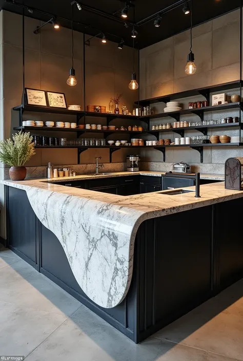 Design of a countertop for an American British industrial cafe in stone and black steel and shelves for coffee and utensils in black and silver steel and a design in the form of a wave in dark steel and of silver mirror in the body of the countertop