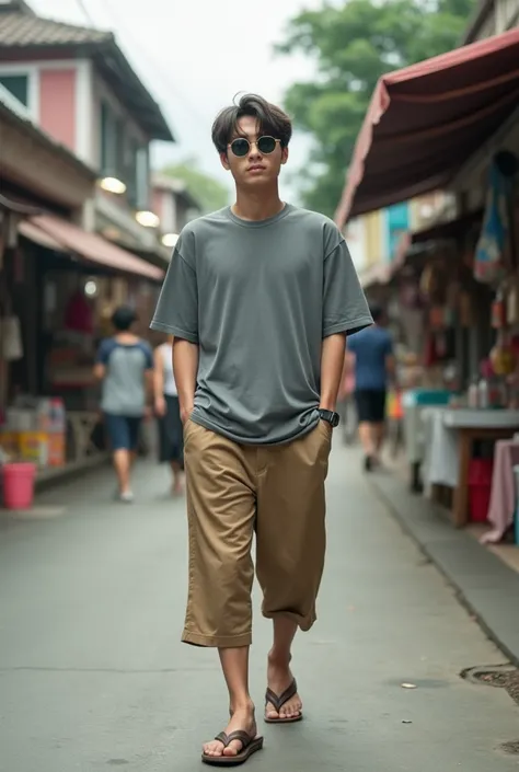 Japanese male, 20 years old, two-block straight hair,Oversized casual t-shirt in gray,3/4 parka pants in beige brown,Flip flops,Both hands in the Trousers pockets,Walk,Background of a typical Indonesian shopping street,Very realistic, finest details, very ...