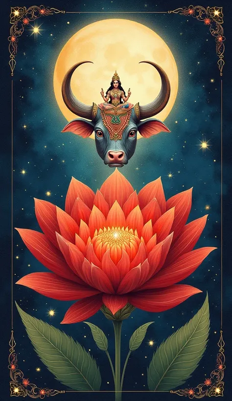 "Create an artistic depiction of Rohini Nakshatra in traditional Indian Hindu puranic style. Represent the nakshatra with its symbol, a lush, blooming red flower or a bull, symbolizing fertility and abundance. Above, depict Chandra (the Moon), the ruling p...