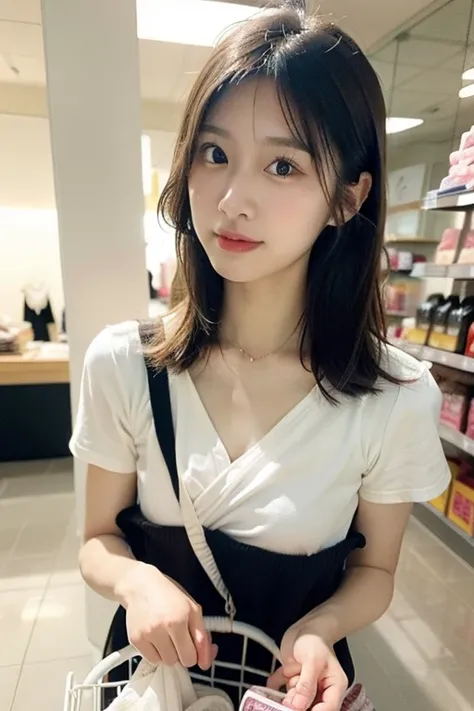 A realistic image of a stylish Japanese woman in her 20s with a neat and casual appearance, wearing comfortable clothing and a relaxed hairstyle. She is standing inside a large discount shop with bright fluorescent lighting. The woman is holding several sh...