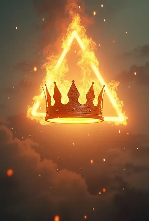 Golden crown on fire hanging in the sky with triangle in the background