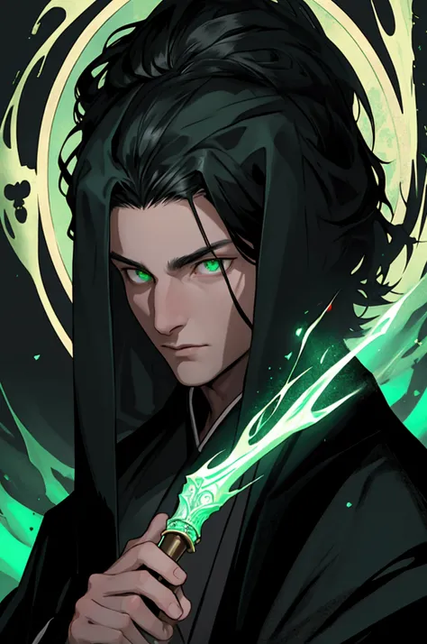 portrait, Man, black-haired, wizard, dressed in dark robes, green eyes, black background, Slim build,