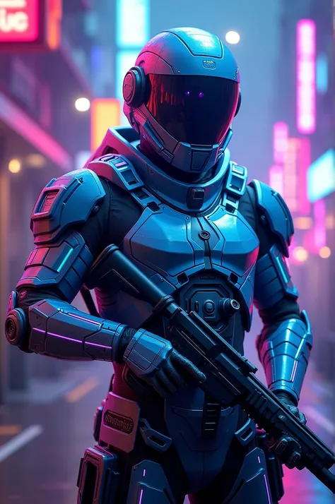 Design a BGMI character in 8K resolution featuring a futuristic soldier with glowing armor and a high-tech helmet. Include advanced weaponry and holographic displays on the gear. The character should have a dynamic pose, with neon blue and purple lighting ...