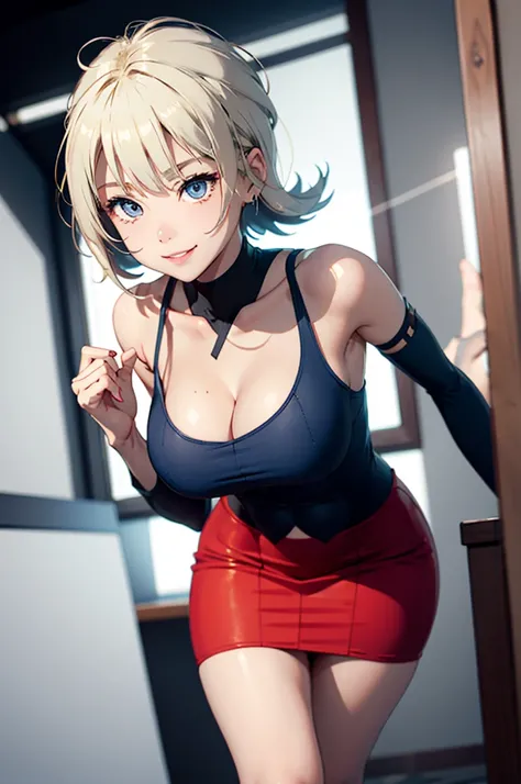 Clear blue eyes, blonde bob hair, cleavage, leaning forward, red cheeks, hairpin, white shirt, no make-up, navy blue tight skirt, rather large, shy, built-up area, looking at the viewer, smiling,