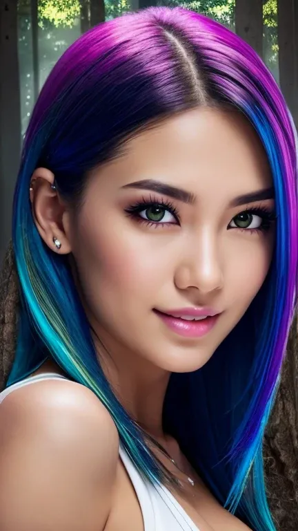 Full body, woman with white skin and Asian features, 24-year-old blue hair (green-eyed woman), green eyes, multi-color hair, colorful streaks in hair , colorful hair , shoulder-length hair, big boobs, big breast. She has a small, elegant nose with a slight...