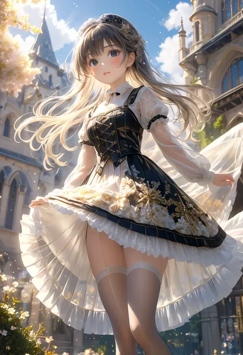 (  Highly Detailed CG Octane Rendering 8k Wallpaper ),  The Worlds Most Beautiful Artwork, Full body shot taken from below,  complicated,  high detail, ８Age Girl, Gold and silver embroidery, Black medieval long dress（With panniers）, Crystal Clear Fabric,  ...