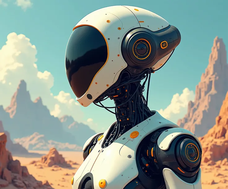 Illustrate an AI robot designed for interstellar exploration, highlighting its advanced design and  must be realistic, with good textures, and must not have incorrect proportions or incoherent colors and How well the artwork aligns with the Sci-Fi theme an...