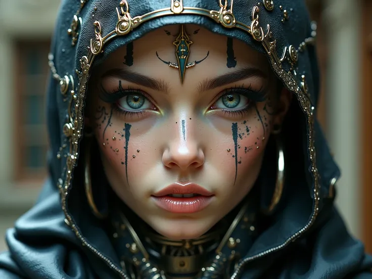 Ultra Futuristic Woman, detailed face, donning Cyberpunk-Medieval Costume, insanely detailed and intricate, photorealistic Fantasy Art Illustration