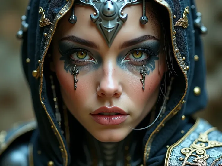 Ultra Futuristic Woman, detailed face, donning Cyberpunk-Medieval Costume, insanely detailed and intricate, photorealistic Fantasy Art Illustration