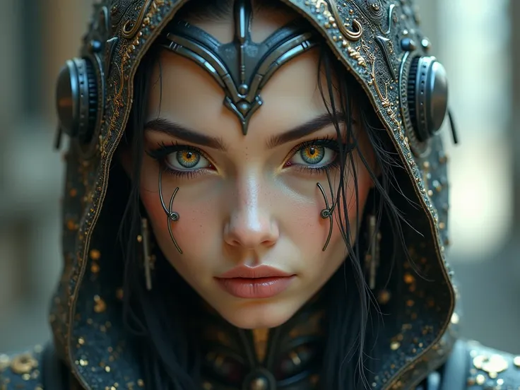 Ultra Futuristic Woman, detailed face, donning Cyberpunk-Medieval Costume, insanely detailed and intricate, photorealistic Fantasy Art Illustration