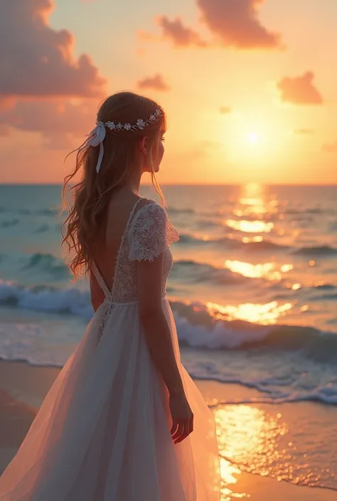 charming girl standing by the sea, watching the sunset 