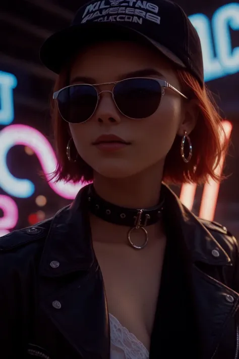 Girl about 23 years old ,  looking over black sunglasses , jacket, collar,  reflections of neon light on the skin, earring, make-up,  skin imperfections ,  short hair , cap, neon light background , low light,  depth of field ,  highly detailed,  high contr...