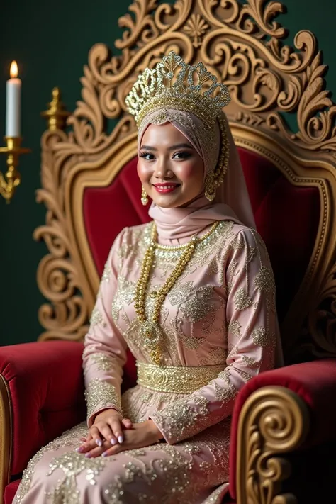 Traditional Indonesian decoration  , bridal throne chair becomes photo background of an Indonesian muslim bride wearing shari hijab, beautiful white face with dazzling makeup decoration , tall, big body, slightly fat, traditional clothing wearing the shari...