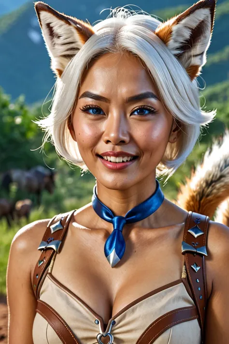 1girl, High Resolution, Masterpiece, Anatomically Correct, Award Winning, 16k UHD, A matured Malay woman, close up photo, Cowboy shot, with white short hair, blue eyes, with fox ears ears and tail, whiskers, Open Mouth, Fang, 