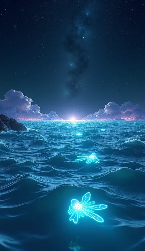 July: Ocean of Starlight
An endless ocean illuminated by constellations that shimmer across the inky black sky. Bioluminescent waves ripple with turquoise and violet hues, and islands of floating starlight rise above the horizon, glowing softly in the dark...