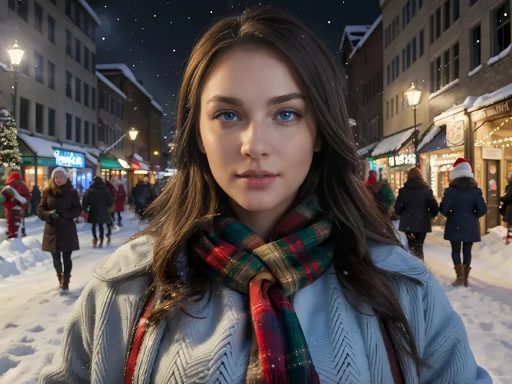 masterpiece, A high resolution, best quality, hyper HD, 16k, realistic, vibrant colors, expressive, detailed eyes, realistic shading, dynamic lighting. Winter scene, Christmas outfit, Christmas theme, Background:winter scene city, focused on city, city sce...