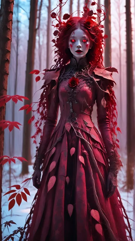 a creepy girl made of dead red plants, in a winter forest at sundown, high saturation,