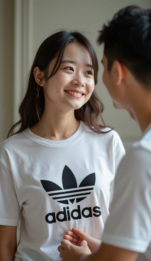   Cute Japanese woman receives adult creampie from man while wearing Adidas t-shirt