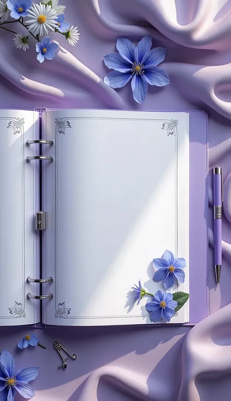 A realistic depiction of a large, wide soft purple binder book, open and fully spread out, designed to hold text. The binder is decorated with beautiful blue and white flowers with a few leaves placed outside the book. There is a paperclip on the side, alo...